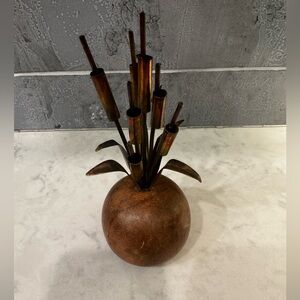 Vintage 1970s MCM Cattail Sculpture | Metal & Wood Rustic Decor